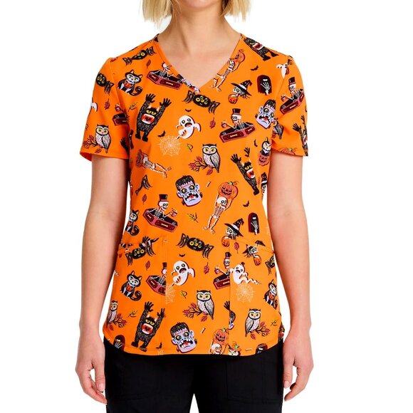 Scrubstar Tops - Scrubstar Cat Spider Skeleton V Neck Print Scrub Top​ Womens Orange Soft Fabric
